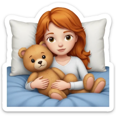 ginger girl cuddle in bed with teddy sticker