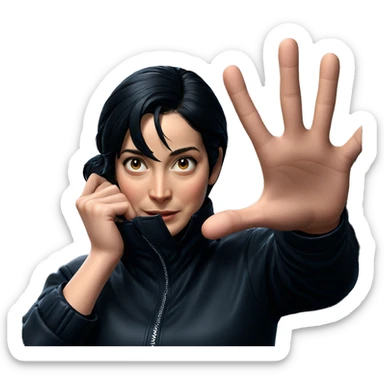 girl with black hair holding jacket sticker