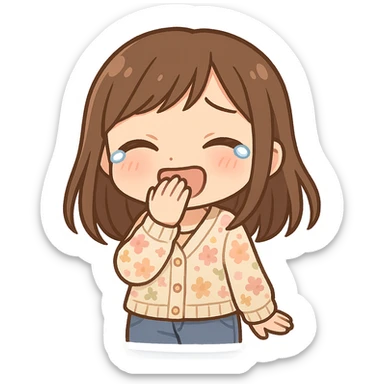 chibi sticker of a girl with brown straight hair and brown eyes, wearing a pastel floral cardigan and jeans, laughing to tears, covering her mouth, white outline, transparent background, 512x512px sticker