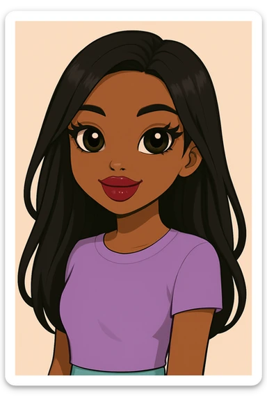 Change her expression to happy, headshot only, 20-year-old anime Bratz style woman with dark skin, straight hair, more casual outfit, big expressive eyes, glossy lips, no hat, no tears, looking straight ahead. The style should reflect anime Bratz aesthetics with vibrant colors and expressive features. sticker