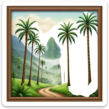 Cinematic Realistic Cocora Valley Landscape Emoji, depicted with towering wax palm trees in a lush, misty valley rendered with rich textures and dynamic, natural lighting. sticker