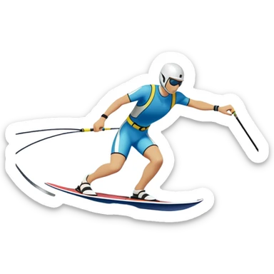 humanless icon showing water skis on the surface of the water, with ski ropes trailing behind. In the background, a boat fades into the distance, leaving a wake. The focus is on the skis gliding across the water. Transparent background highlights the thrill and speed of water skiing. sticker