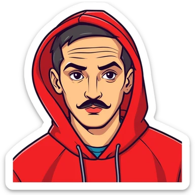 Man with thick eyebrows slit on the right with a long nose, then lips, small mustache earrings, red hoodie with graffiti sticker