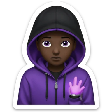 Cartoon blacked character related to a shadow, with all black clothes, focusing a hoodie with his cap on, no visible face because of the darkness, just his purple shadow eyes making a light bloom sticker