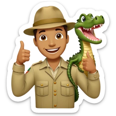 Cinematic Realistic Steve Irwin Portrait Emoji, in his signature khaki attire, holding a crocodile or giving an excited thumbs-up. The scene is lit with vibrant, natural sunlight, emphasizing his adventurous spirit and deep connection to nature. sticker