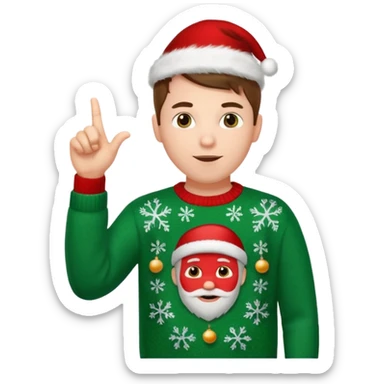 A guy pointing up with one hand and he has a christmas sweater sticker