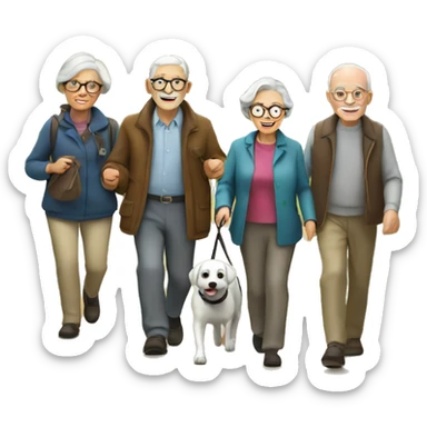 group of elderly people walking their dogs in the countryside sticker