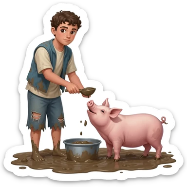 нарисую юношу 20-24 лет, как он кормит свиней в грязи   в рваной одежде  возрастом 20-24  года во весь рост  ,  времена древнего иерусалима sticker