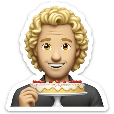  Blonde curly mullet white man standing over a birthday cake sticker