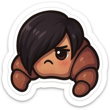 chibi sticker-style croissant with an emo vibe, dark colors, side-swept bangs, cute and exaggerated sticker