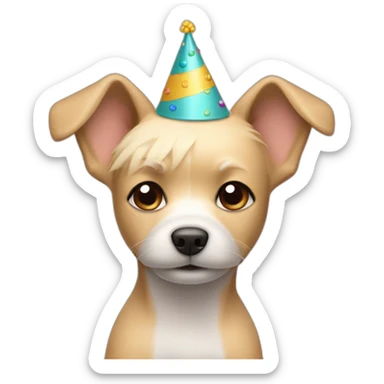 blond small dog with short hair and a party hat sticker