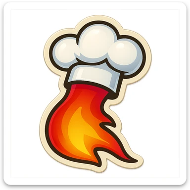 chef's hat pumping with a trail of fire emoji, playful, flame red gradient, hat is white, vibrant, flame matching style reference file sticker
