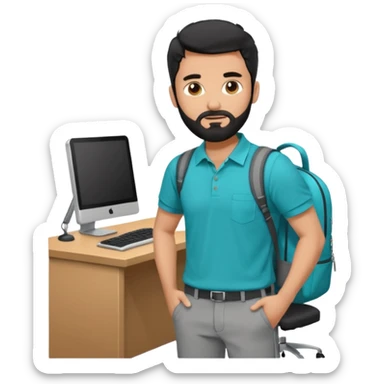 man with blackshot male hair and black hair and beard and hes in a office with his grey backpack on the floor and he has a tourquos polo shirt with backpack on floor on desk computer and grey pants sticker