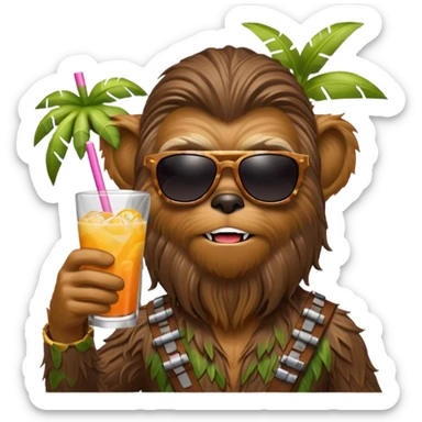 a wookiee wearing sunglasses drinking a tropical drink sticker