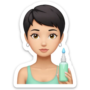 tan girl with black hair & a pixie cut no earrings doing cute pastel colors skin care sticker