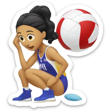 una perona sentada en el piso con una red de voleibol alfrente y un balon de voleibol arriba  sticker