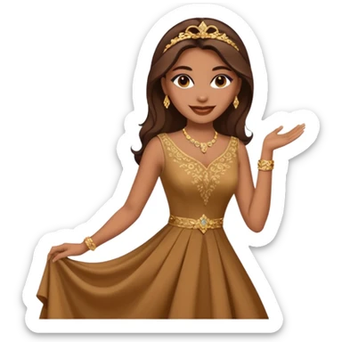 Woman using a long elegant dress. She has medium skin tone and a brown with gold makeup sticker