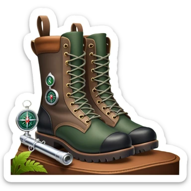 Icon for Hunting Tourism: a rifle, hunting boots, and a compass on a forest background, with a silhouette of wildlife in the distance. The icon should capture the adventure and connection with nature in hunting tourism. Transparent background. sticker