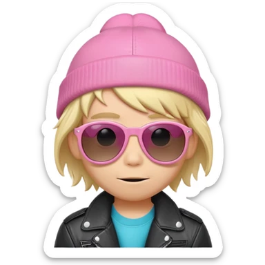 A blonde boy with surfer hair and a leather jacket and a pink Paul frank beanie and wonky sunglasses sticker