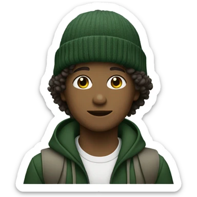 boy with curly hair and dark green sage beanie sticker