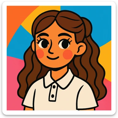 girl with a round face, long wavy brown hair in a half up half down style, brown eyes and long lashes, white button up polo, vibrant colorful style sticker