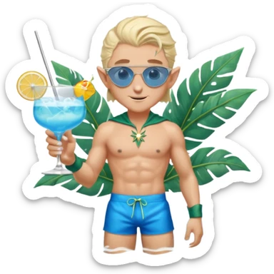 elf male legolas in stylish blue swim trunks, palm extended over cocktail glass, conjuring swirling frost and mist to chill it, silver aviator sunglasses, pointy ears, confident smirk, minimalist beach bar backdrop, centered emoji, summer magic sticker