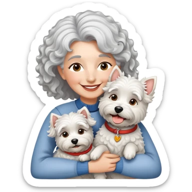 Single silver-haired with curly hair 60-ish lady smiling and hugging SINGLE westie dog sticker