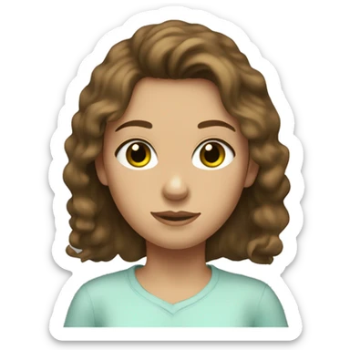 girl with shaggy shirt brown hair, green hazel eyes, faint freckles, and a light blue shirt sticker