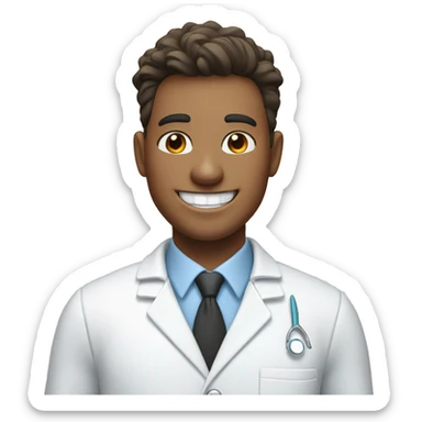 A dentist in a white coat smiles widely with snow-white teeth sticker
