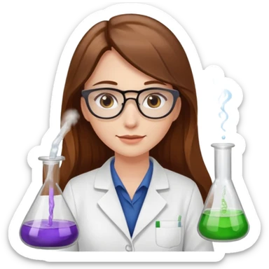 Crie emojis de uma mulher de cabelos longos castanhos farmacêutica mexendo com becker sticker