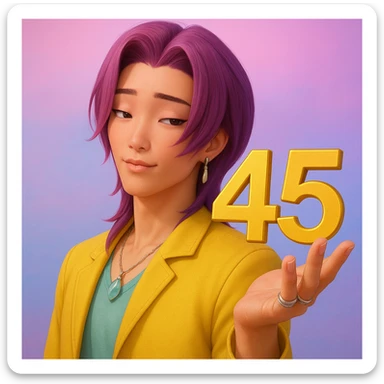 Make the character hold the number 45 in their left hand, keeping the original style and pose. Only add the number 45, do not change anything else. sticker