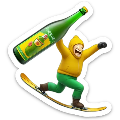 man-skiing-over-a-giant-green-bottle-of-buckfast-tonic-wine-with-slogan-made-my-monks-makes-you-drunk-fast-on-a-yellow-label-on-the-bottle sticker