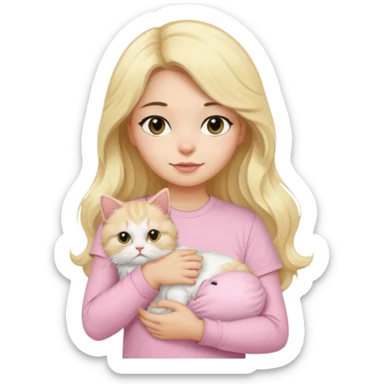 a black long wavy hair girl using a baby pink t-shirt holding a blonde persian cat sticker