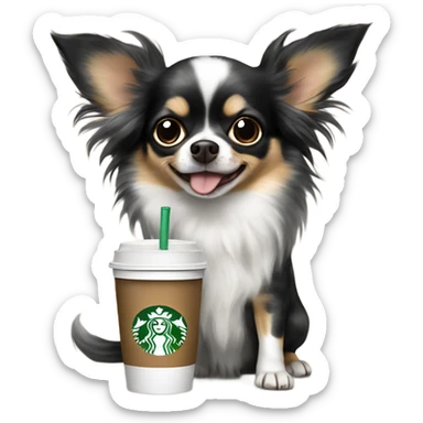 Fluffy spotted black Merle long hair chihuahua drinking Starbucks  sticker
