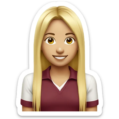 a mid length hair with curtain bangs beautiful girl smiling. wearing a light yellow polo with maroon identification lanyard  sticker