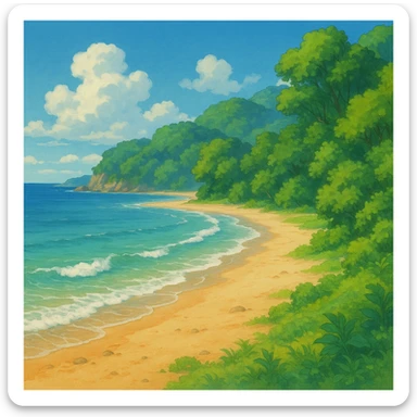 ghibli style coast with sandy beach, gentle waves, and lush greenery sticker