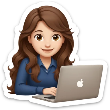 Sitting in front of a laptop in the style of a cute female developer. No glasses, long hair waves and smiling. sticker