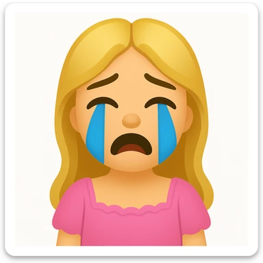 Create an iOS emoji style image of a blonde with long hair, green swamp eyes, and a pink pastel dress with a crying expression. Keep all facial features, clothes, and hairstyle from the reference image. sticker