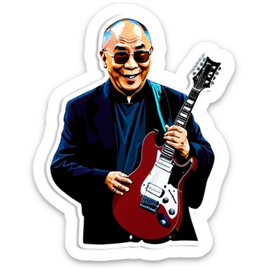 Dalai lama rocks an electric guitar with Jon Bon Jovi sticker