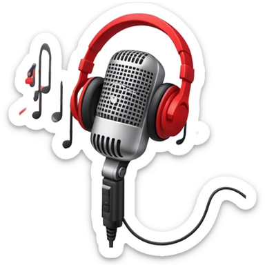 Create a dynamic and energetic emoji that represents beatboxing. The design should feature a stylized microphone with sound waves emanating from it, symbolizing vocal percussion and rhythm. Add elements like headphones or a subtle speaker to emphasize the music production aspect. Use bold colors like black, white, and red to convey the intensity and creativity of beatboxing. The background should be transparent. sticker