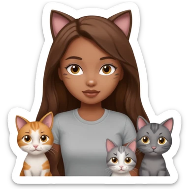 a pretty bratz dusky girl with long brown hair with six cats nd wearing a grey tshirt sticker