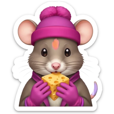 rat eating cheese with red hat and pink gloves sticker