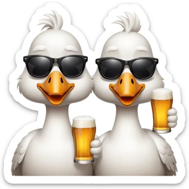 Two geese sunbathing on the beach wearing sunglasses drinking beers sticker