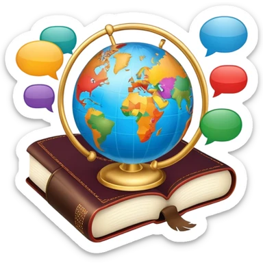 An icon showing a globe surrounded by speech bubbles with greetings in different languages, like 'Hello,' 'Hola,' and 'Bonjour.' The design includes an open book and a quill, symbolizing learning and communication. Transparent background emphasizes global connection through language. sticker