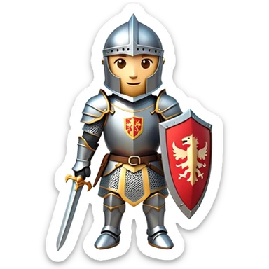 Clash of Clans aesthetic: Cinematic Playful Armored Knight Hero Emoji, rendered in a 3D vector-style similar to standard emojis with minimal shading and bold, simplified shapes. A compact, isometric warrior clad in gleaming plate armor with intricate heraldic details, softly glowing with a chivalrous medieval charm. Simplified yet unmistakably iconic, highly detailed and consistent, glowing with a soft radiant shine and high polish. Stylized with a touch of noble valor and a soft glowing outline, capturing the essence of a gallant knight ready for honorable battle with a friendly, playful manner! sticker