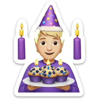 Man with blonde hair wearing purple shirt and a party hat holding several blueberry muffins either candles in them  sticker