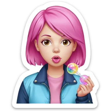 Pink-haired woman in jacket blowing bubble gum sticker