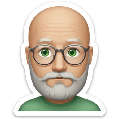 50 years old, green eyes, 2 days salt and pepper beard, bald, glasses sticker