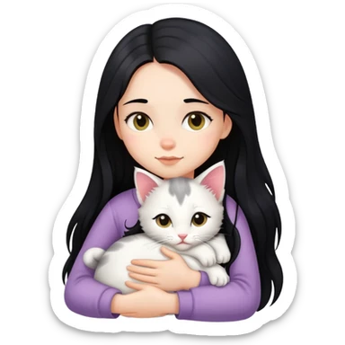A girl with long black hair tightly hugged a kitten sticker