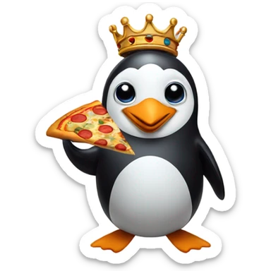 A penguin king that has a pizza in his hand sticker